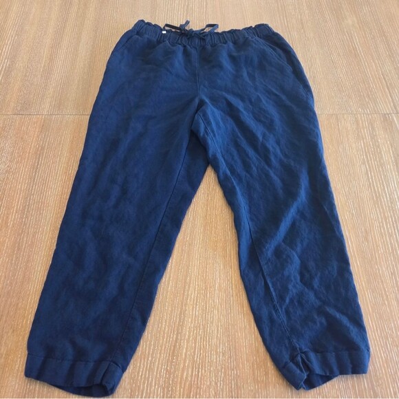 Loft Navy Linen Blend Pull On Pants Elastic Waist Women's Petite Medium - Picture 2 of 6